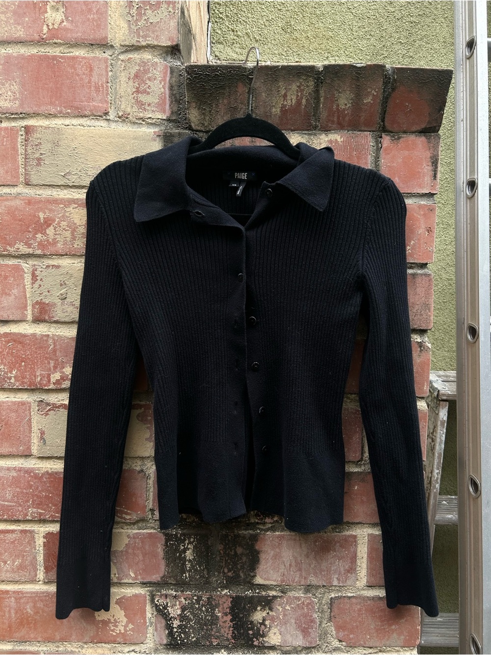 PAIGE Black Ribbed Button-Down Collared Top